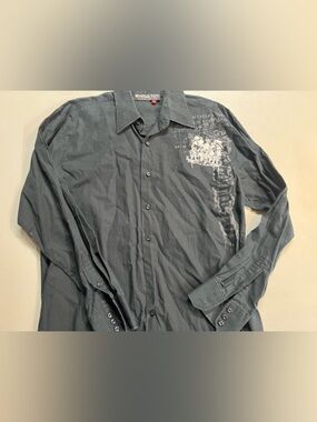 Y2K Black Graphic Button Down Shirt Mens XL Gothic Grunge Casual